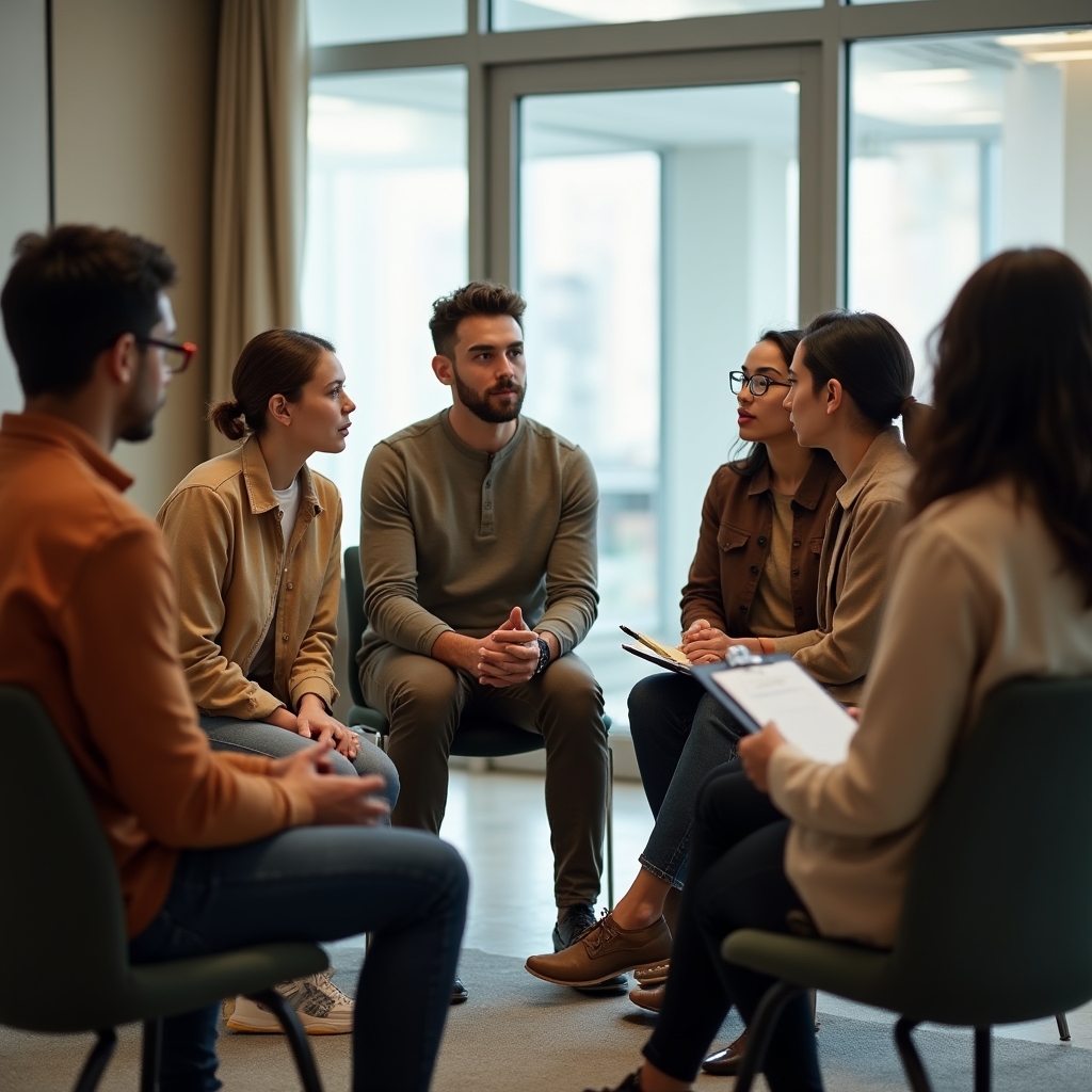 Gruppe von Teilnehmenden in einer Kreisaufstellung beim Feedback-Workshop