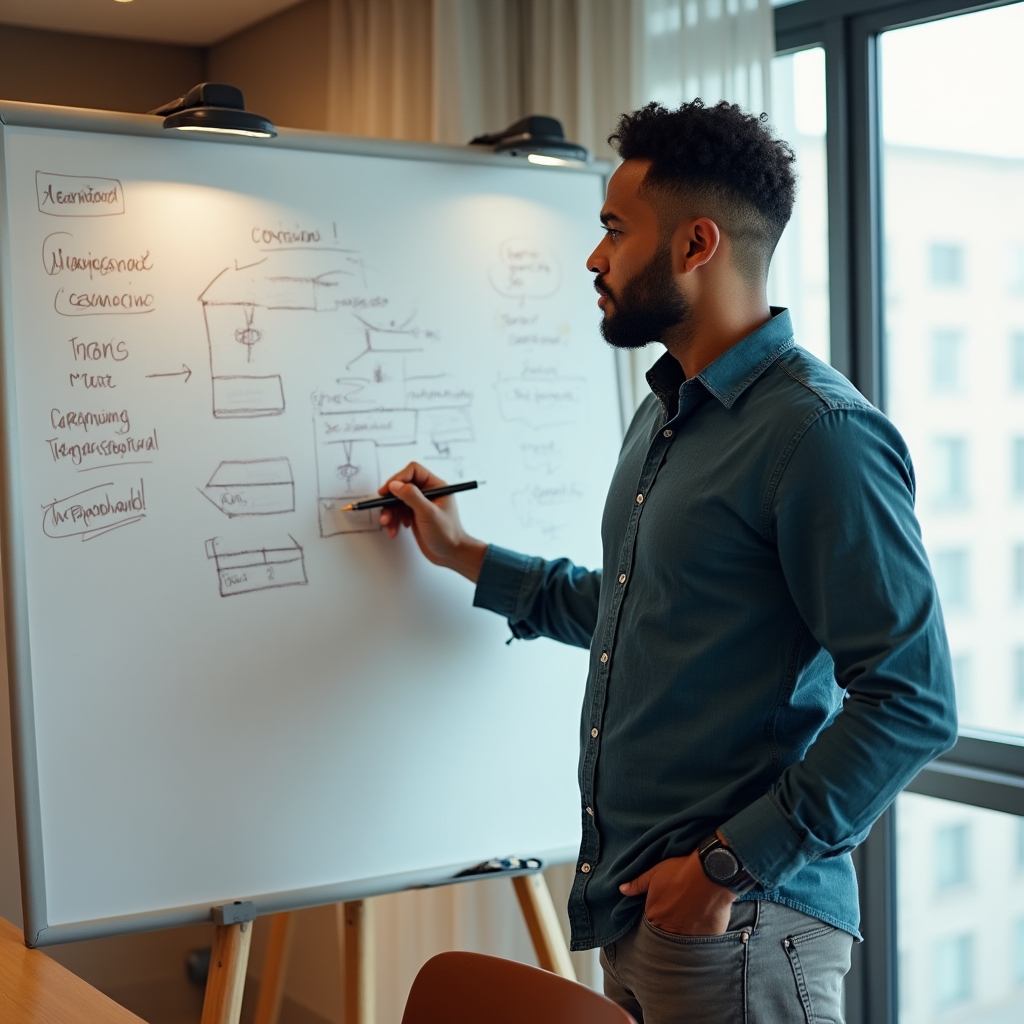 Kursleiter erklärt Gesprächsstruktur an einem Whiteboard