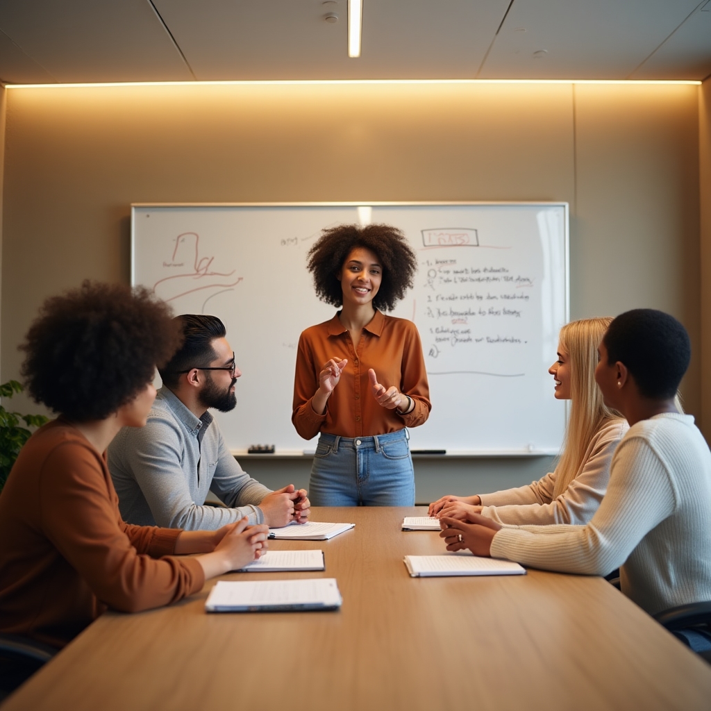 Team in einer strukturierten Feedbackrunde im Besprechungsraum